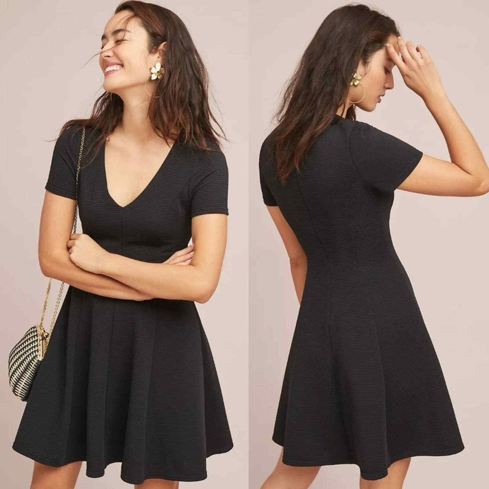 Hutch Anthropologie Vicki black ribbed v neck fit an flare mini dress